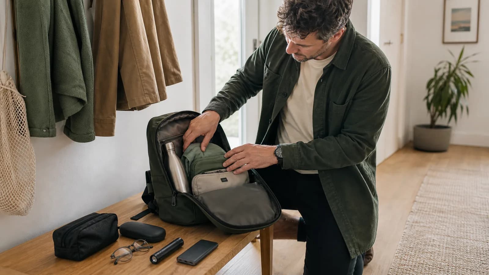 Ein alltagstauglicher Rucksack mit geordneten, grundlegenden Gegenständen.
