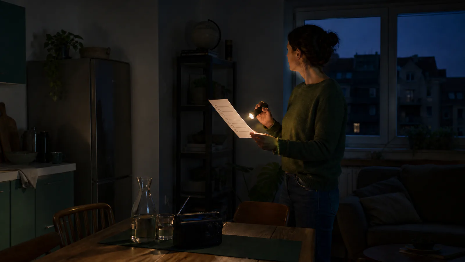 Eine Person verschafft sich bei Stromausfall mit Taschenlampe und Radio einen ruhigen Überblick.
