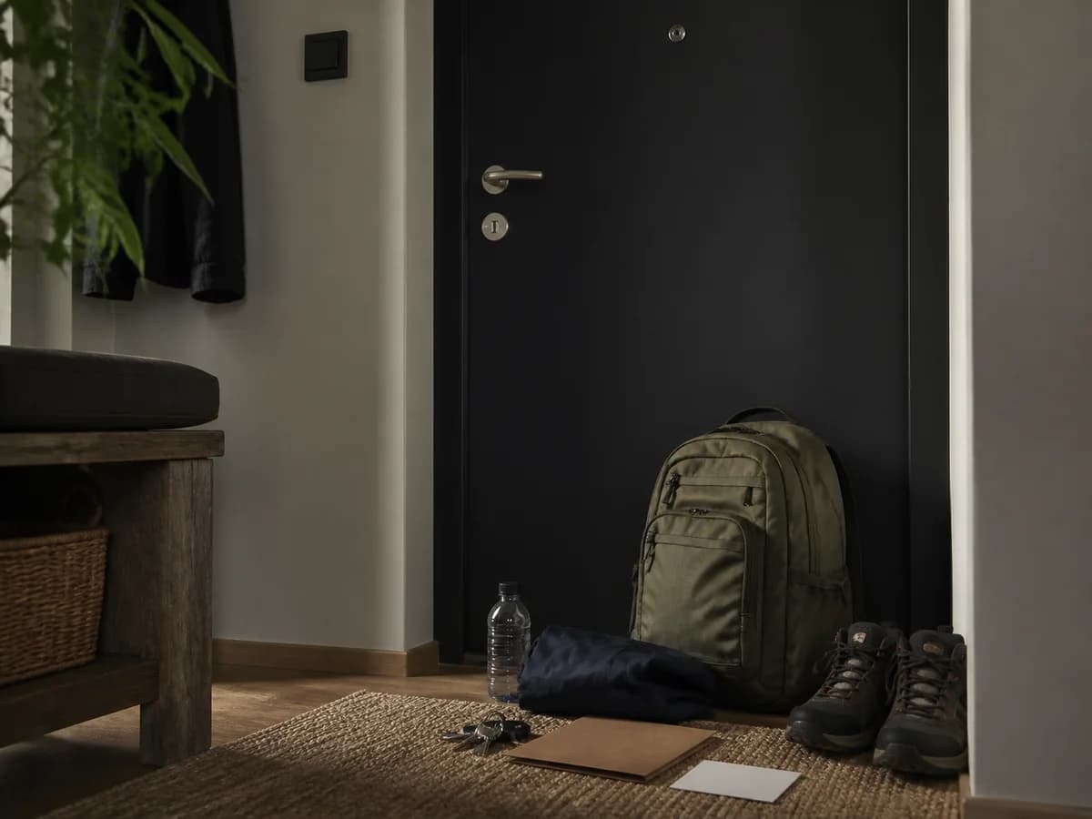 Ein kompakter Rucksack, Dokumentenmappe, Wasser, Schlüssel und Schuhe stehen an der Haustür bereit.