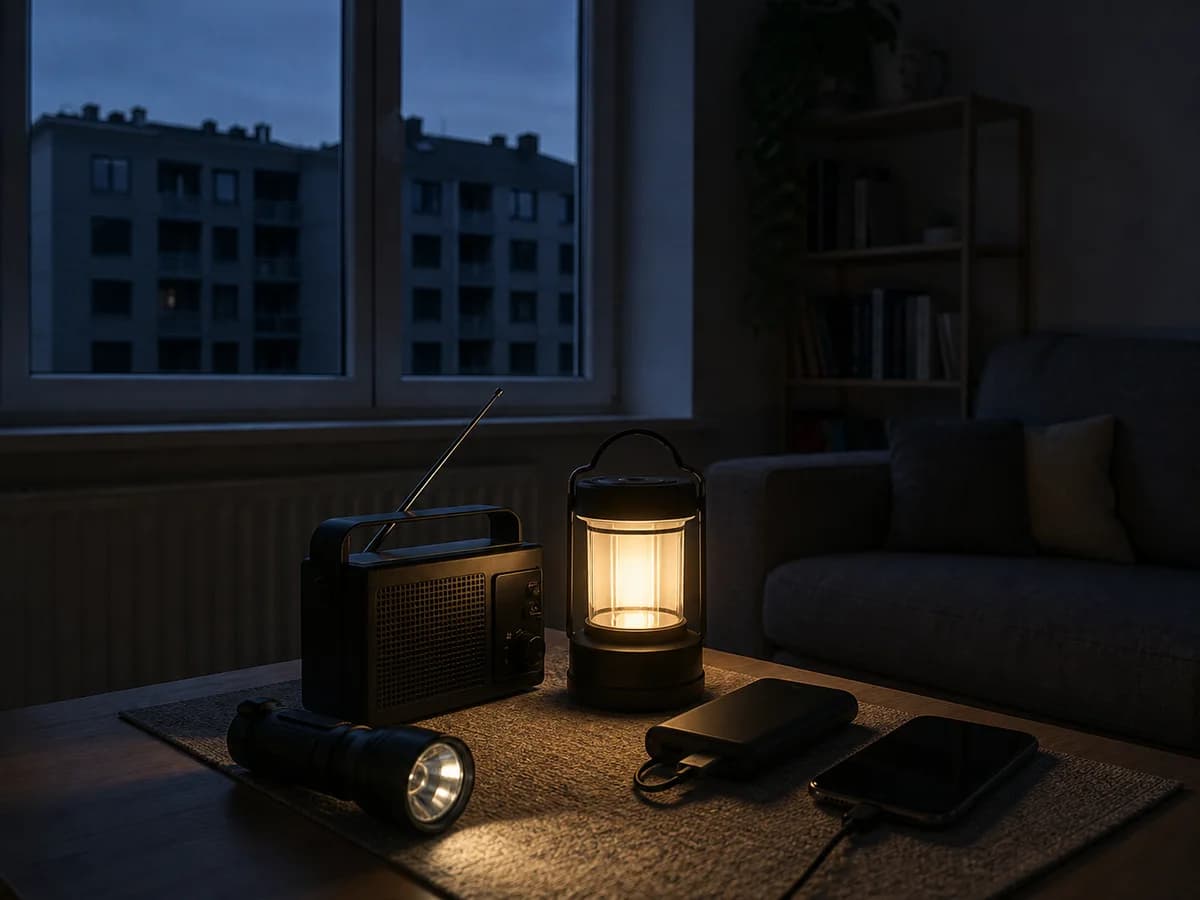 Batterielampe, Radio, Taschenlampe und Telefon liegen während eines Stromausfalls in einem dunklen Wohnzimmer bereit.