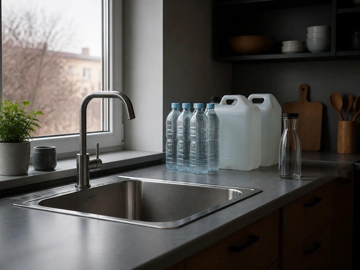 Wasserflaschen und zwei Behälter stehen während eines Wasserausfalls neben einem trockenen Wasserhahn bereit.
