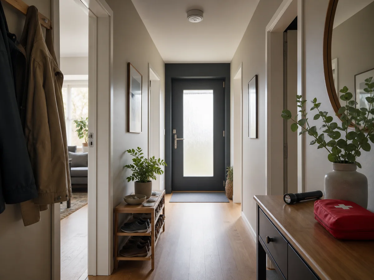Ein freier Wohnungsflur mit Rauchmelder, Taschenlampe und Erste-Hilfe-Tasche zeigt einen ruhigen Zuhause-Check.