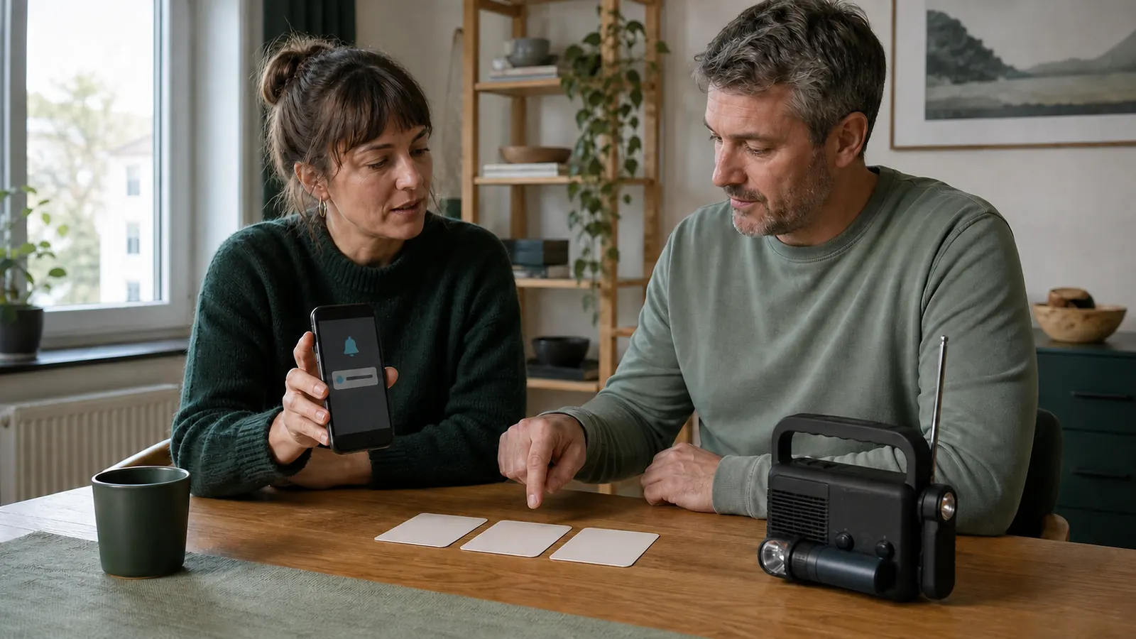 Zwei Menschen vergleichen eine Warnmeldung auf dem Smartphone mit einem Radio.