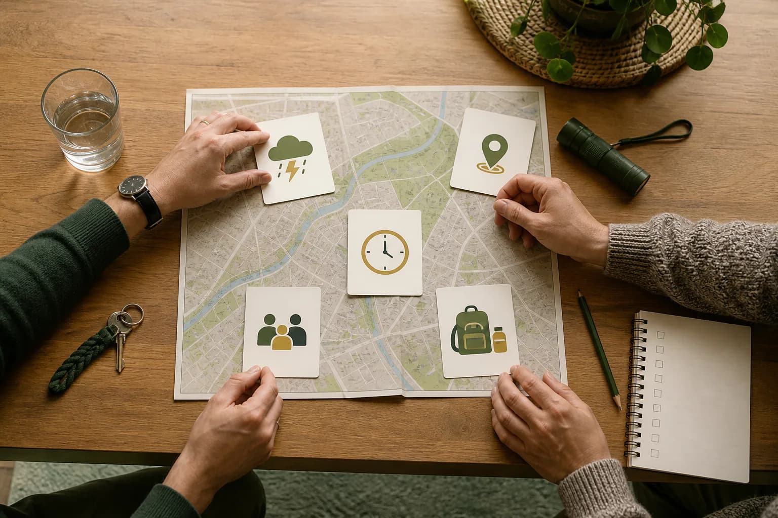 Zwei Menschen ordnen Karten für Gefahr, Ort, Dauer, Menschen und Ressourcen auf einem Stadtplan.