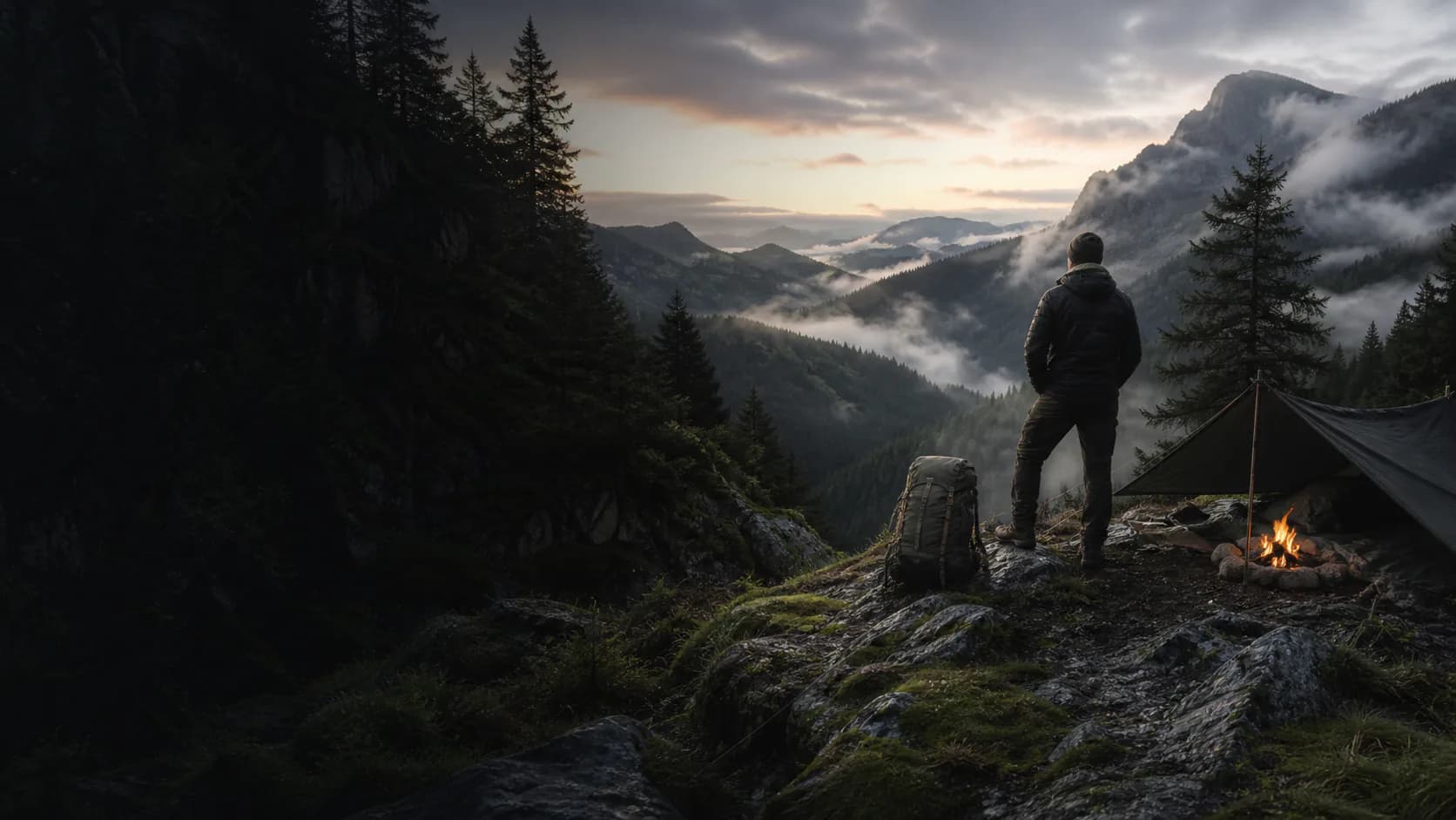 Eine Person blickt mit Rucksack, Tarp und kleinem Feuer über einen morgendlichen Bergwald.